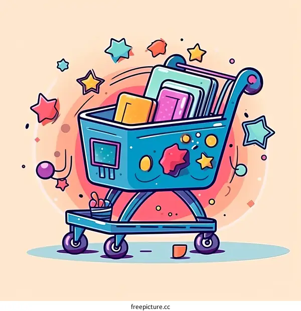 Shopping cart full of colorful groceries