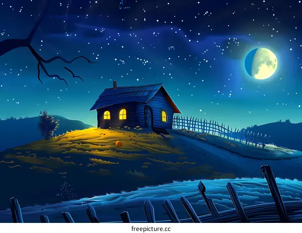 Night Sky With A Small Wooden House And A Crescent Moon