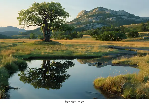 The reflection of a tree in a pond with mountains in the background