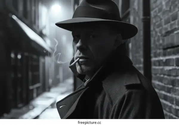 Man in Hat and Coat Smoking in Alleyway