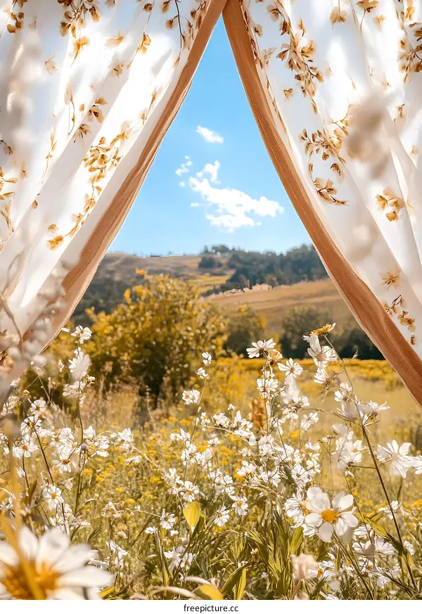 View From a Window With White Curtains and Flowers