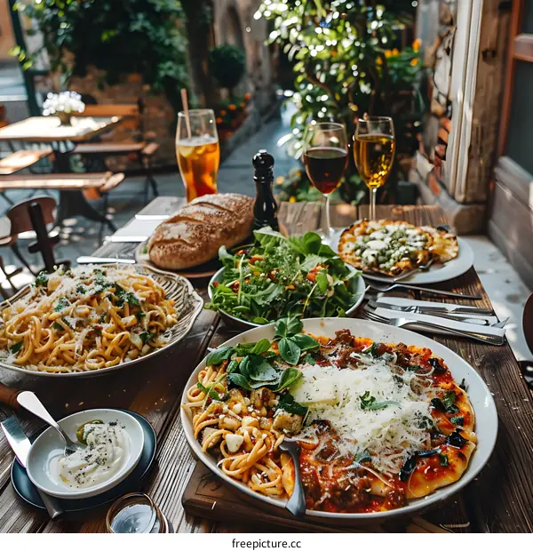 pasta and pizza on a wooden table