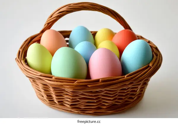 Colorful Easter Eggs in a Wicker Basket