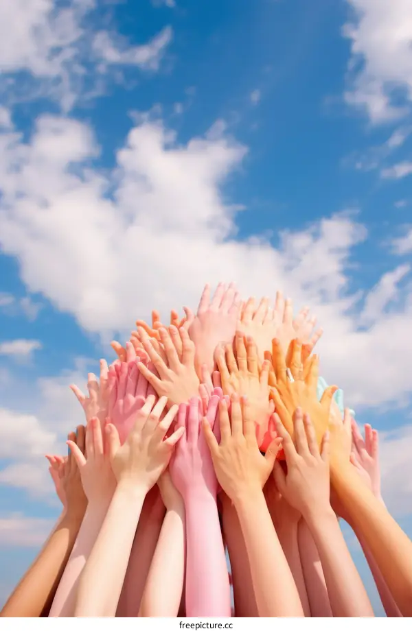 A group of people reaching for the sky