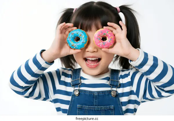 Little girl holding colorful donuts in front of her eyes