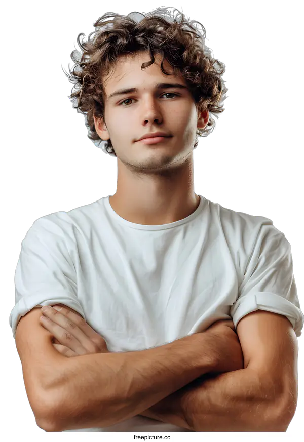 [Transparent Background PNG]Portrait of a Young Man with Curly Hair and White T-Shirt