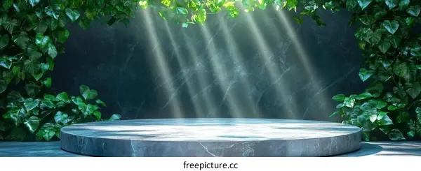 Empty Round Stone Pedestal with Sunbeams and Lush Greenery