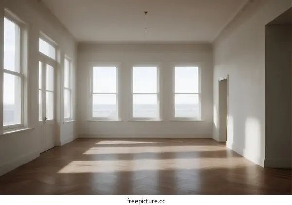 Empty room with large windows and wooden floor