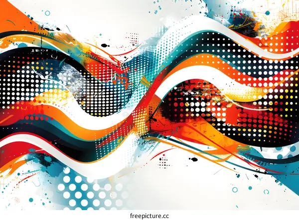 Colorful abstract background with waves and halftone dots