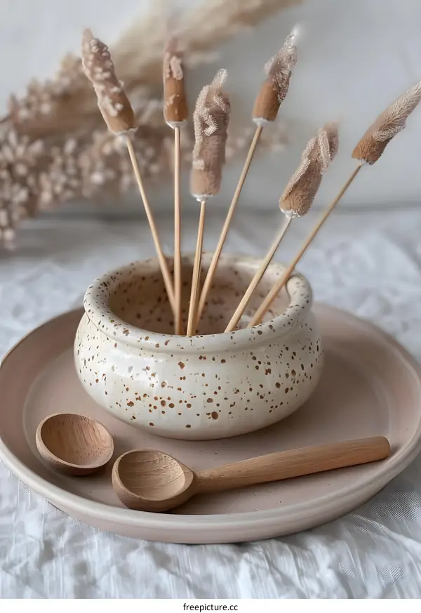 Ceramic Bowl with Wooden Spoons and Dried Flowers