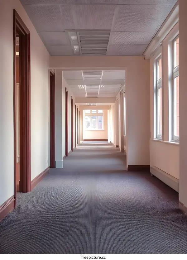 Empty Hallway with Carpeted Floor and Multiple Doors
