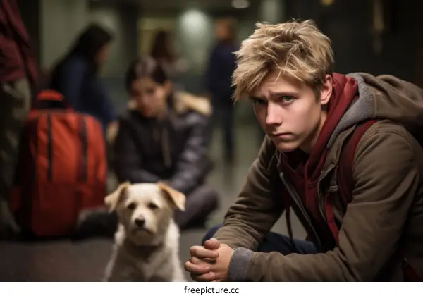 Teenage Boy with Dog at Subway Station