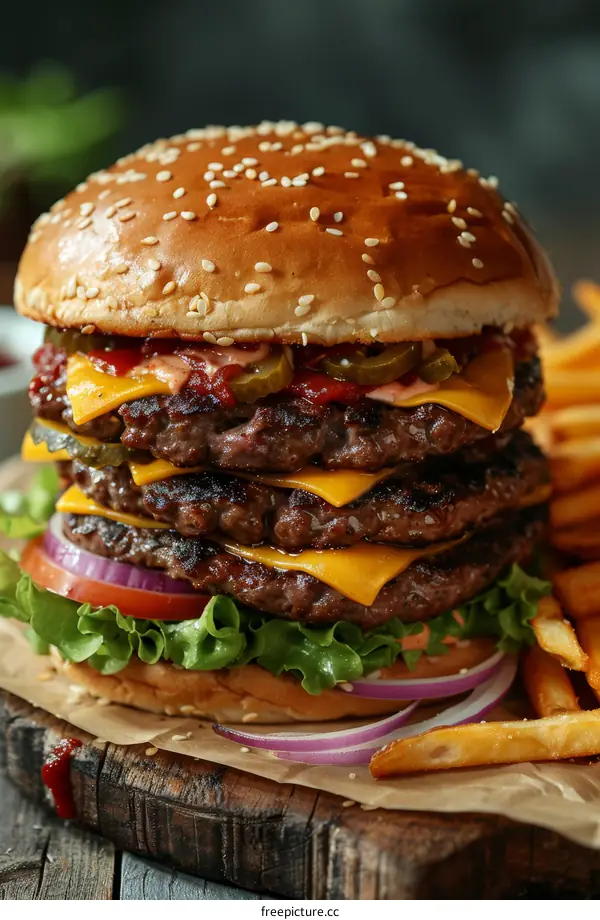 A delicious triple cheeseburger with fries