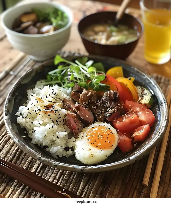 A delicious and healthy meal of steak, vegetables, and rice.