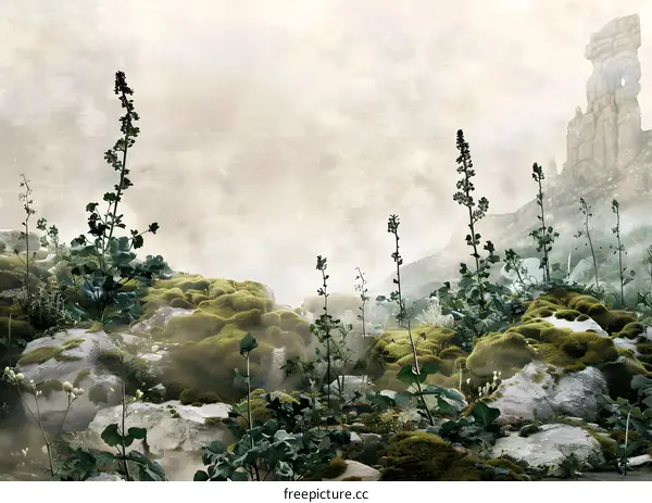 Fantasy Landscape with Mossy Rocks and Tall Plants