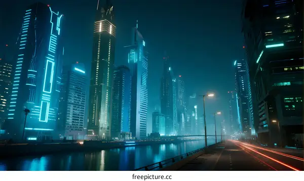 Futuristic Urban Night Scene with Tall Buildings and Neon Lights