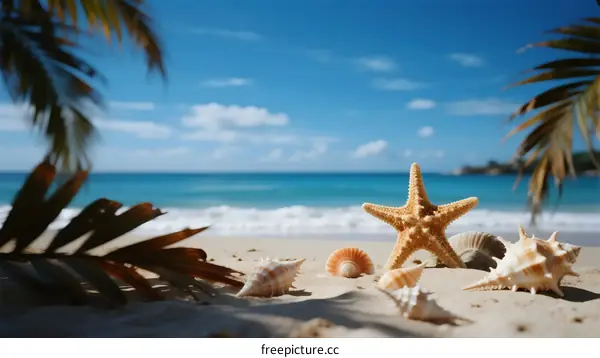 Tropical Beach Scene with Starfish and Seashells on Sand