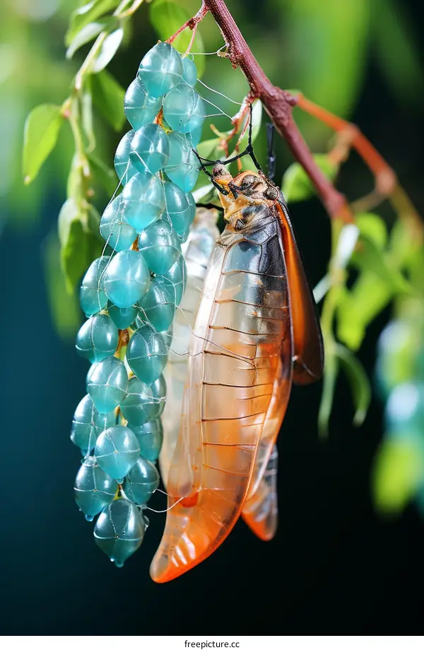 Cicada Molting on Branch with Green Leaves