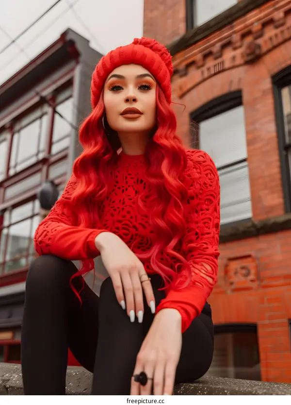 Red Hair Woman Wearing Red Knit Hat Posing in Front of Brick Building