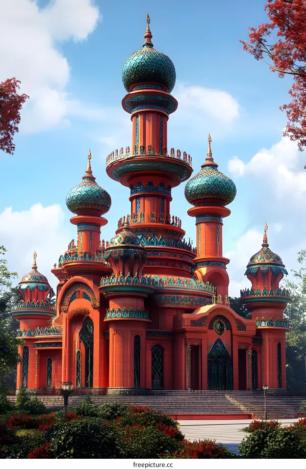 Red Building With Blue Domes and Green Trees
