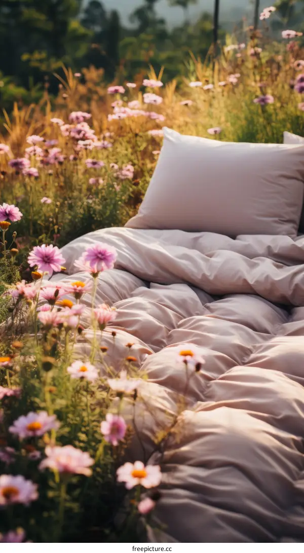 comfortable bedding in a summer meadow