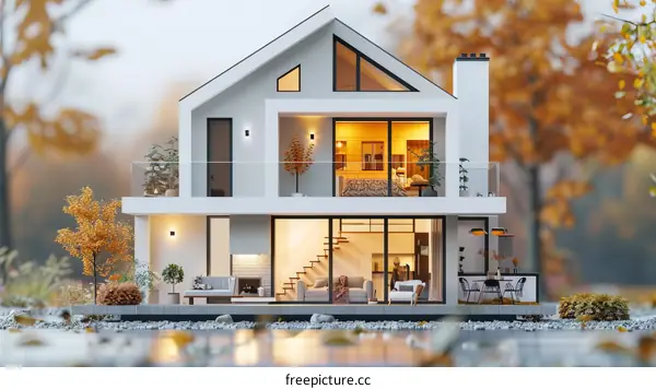 Modern house exterior with large windows and a terrace