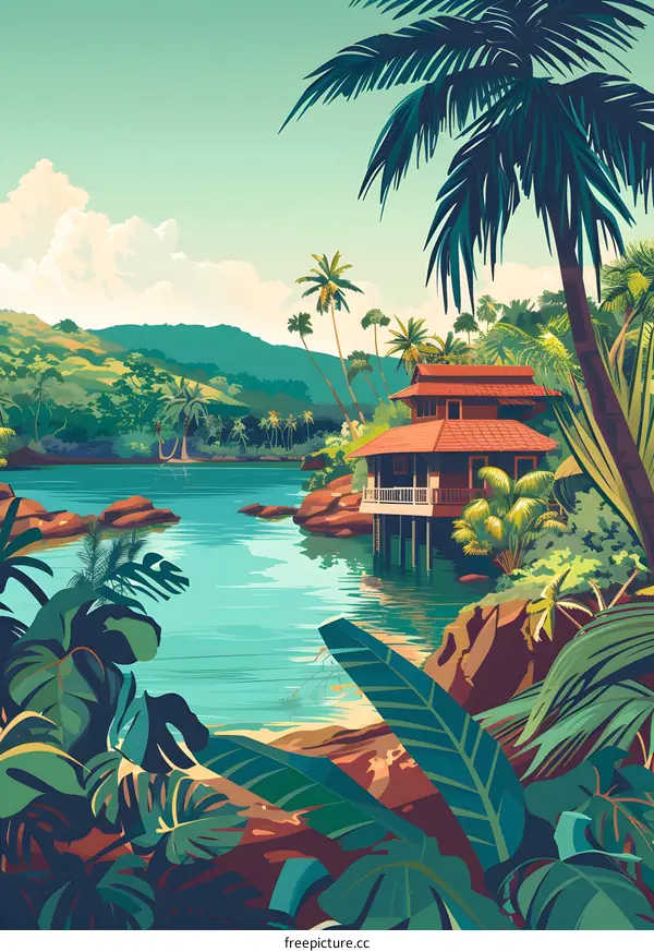 Tropical House on the Lake with Lush Greenery