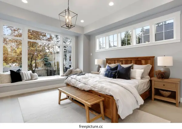Modern Bedroom with Large Windows and Cozy Seating Area