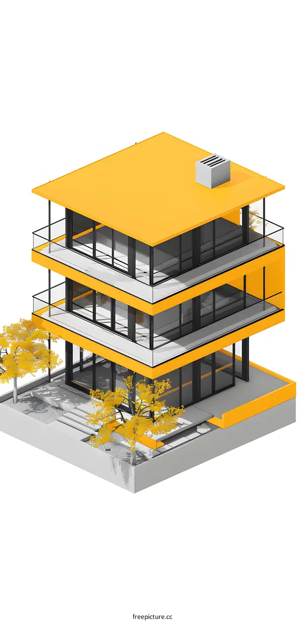 Modern Yellow Building with Trees 3D Illustration