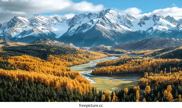 Autumn Mountain River Landscape with Snowcapped Peaks
