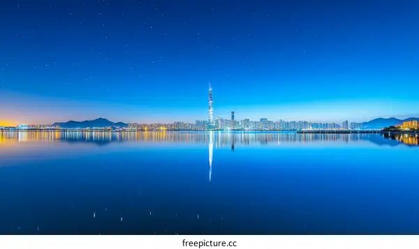 Night City Skyline Reflecting on Calm Water