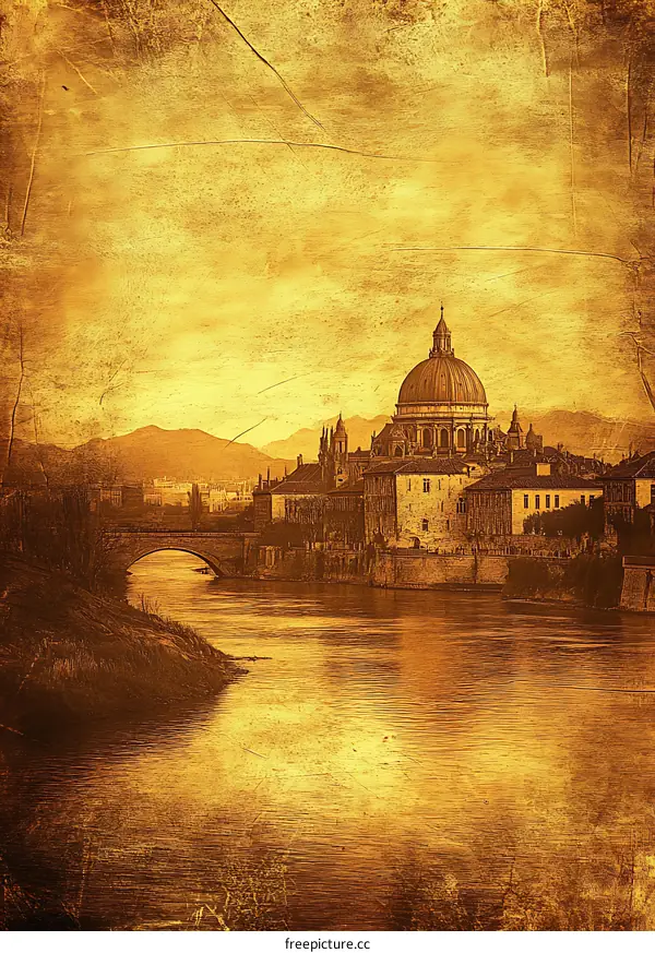 Golden Vintage Image of a Cityscape With a Dome Building and Bridge