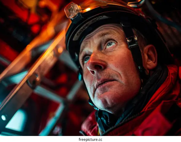 portrait of a man wearing a helmet and a headlamp looking up