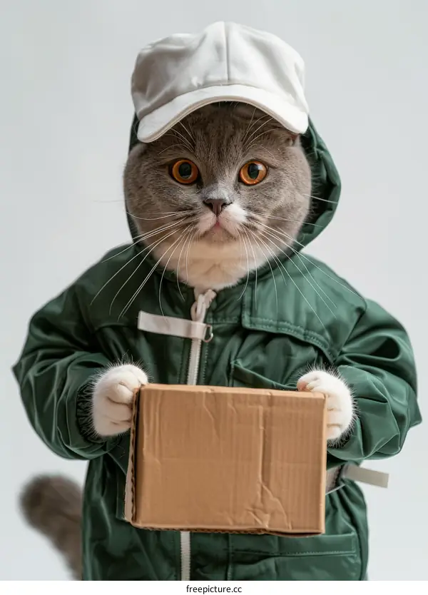 Cute Cat Dressed as Delivery Person Holding Package
