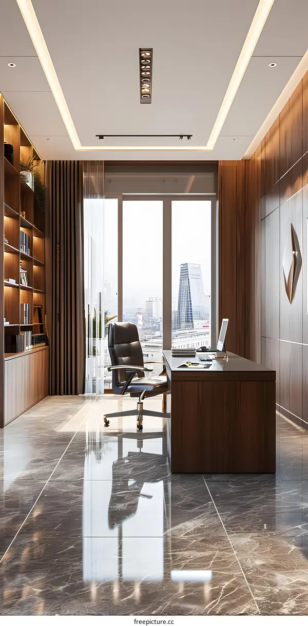 Modern office interior design with large windows and wooden furniture