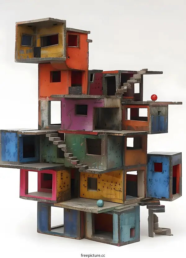 Colorful Wooden Sculpture of a Stacked Building