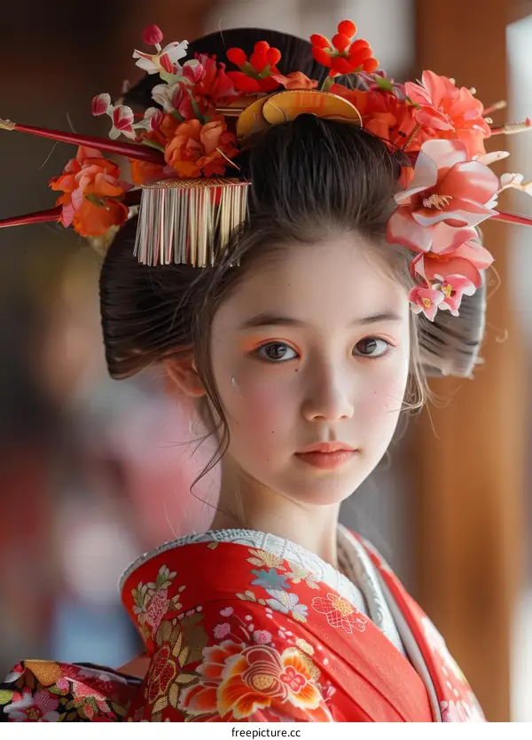 Portrait of a young Japanese girl in traditional kimono and hair ornaments