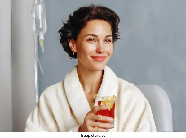 Woman in a Bathrobe Relaxing with a Drink