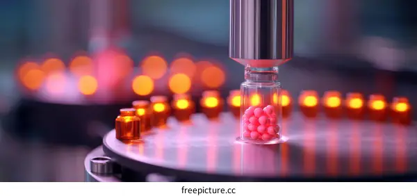 Pharmaceutical Production Line Filling Small Bottles with Pink Pills