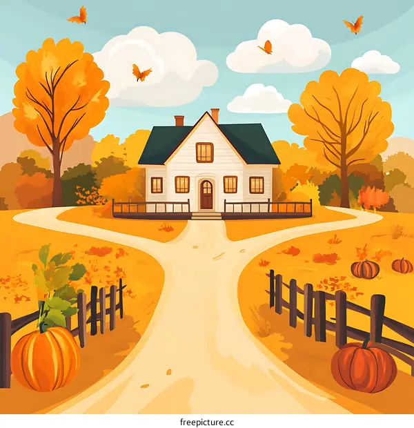 Autumn Landscape with Country House and Pumpkin