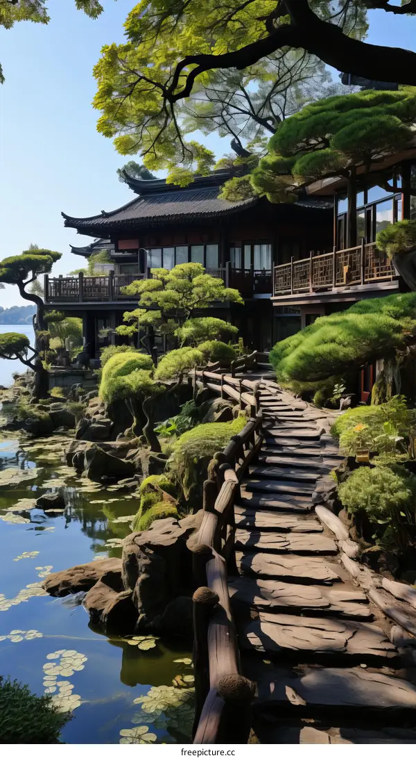 Oriental Lake House with Stone Path and Garden