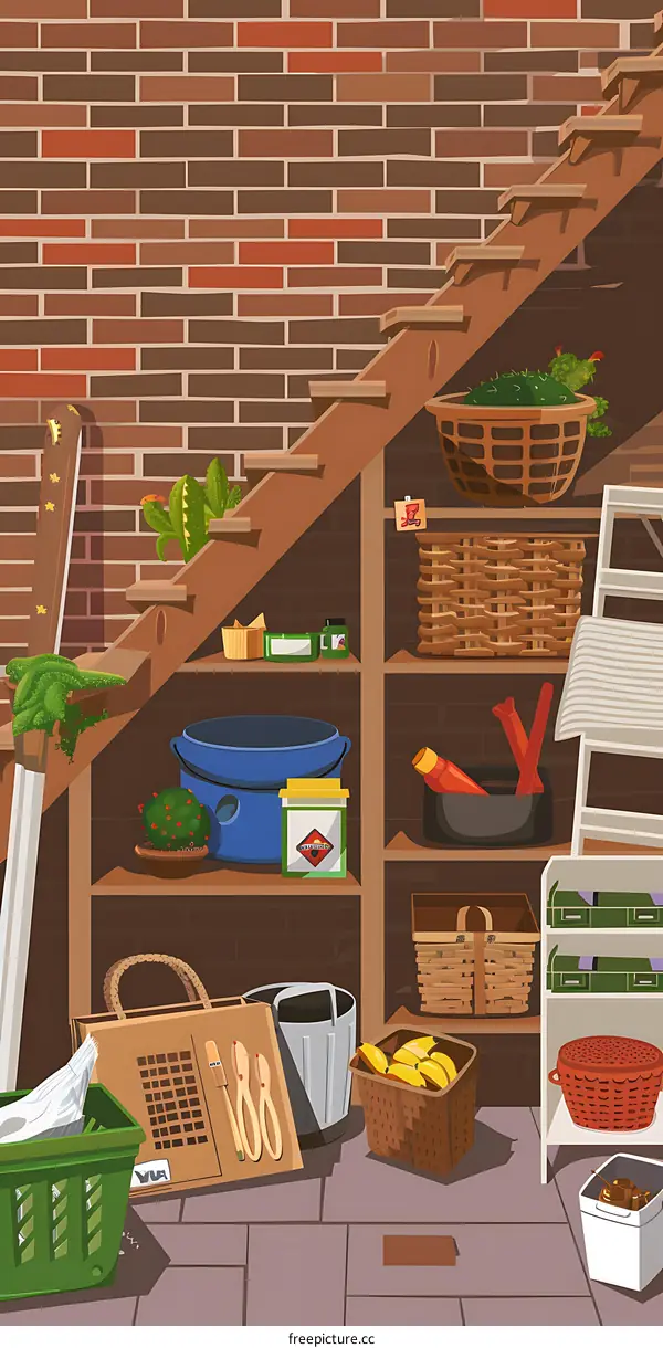 Basement Storage with Wooden Stairs and Brick Wall