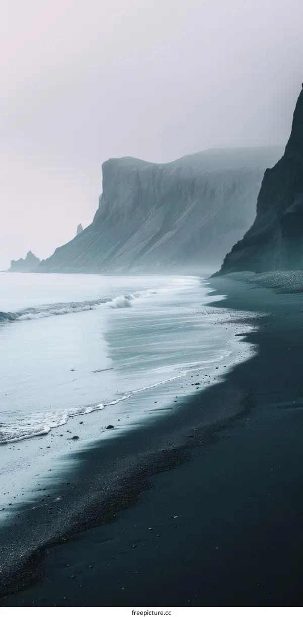 Dramatic Black Sand Beach with Towering Cliffs in Iceland