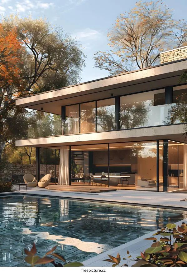 Modern House with Swimming Pool and Autumn Trees