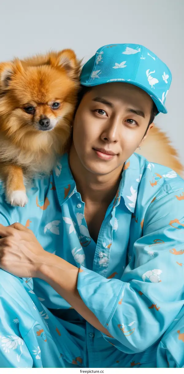 A smiling man with a small dog on his shoulder