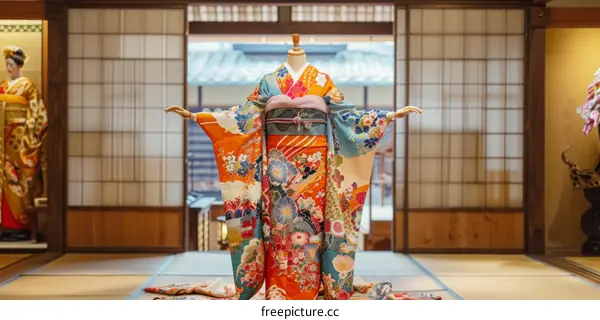 A kimono with a floral pattern displayed on a mannequin
