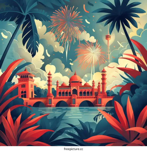 Vibrant illustration of a historical building with fireworks and palm trees