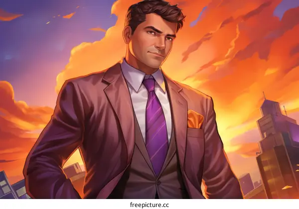 Businessman in Suit Standing Confidently at Sunset Cityscape