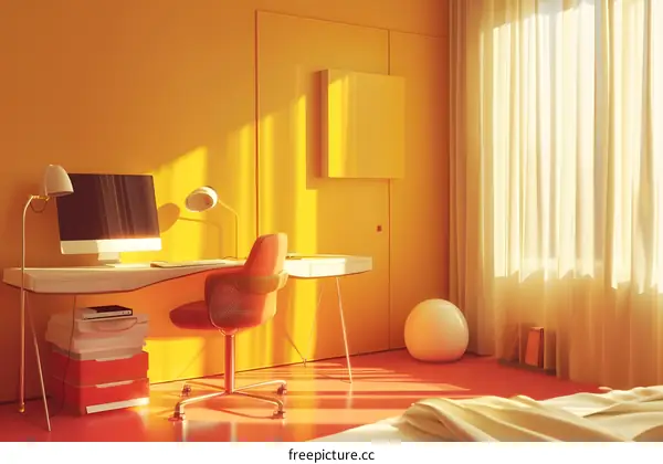 Modern Minimalist Home Office with Yellow Walls and Sunlight
