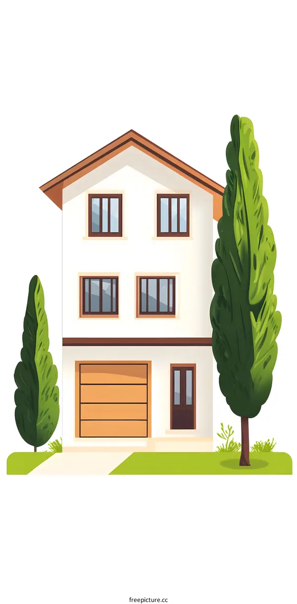 White Modern House with a Garage and Green Trees